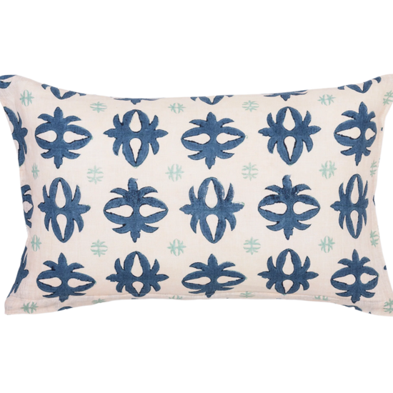 hand-blocked blue and white textile lumbar pillow
