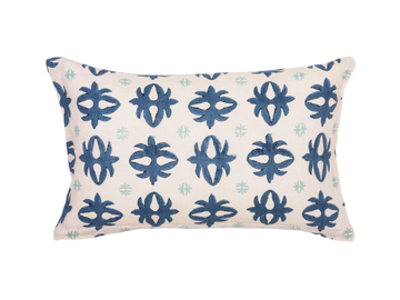 hand-blocked blue and white textile lumbar pillow