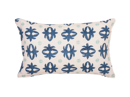 hand-blocked blue and white textile lumbar pillow