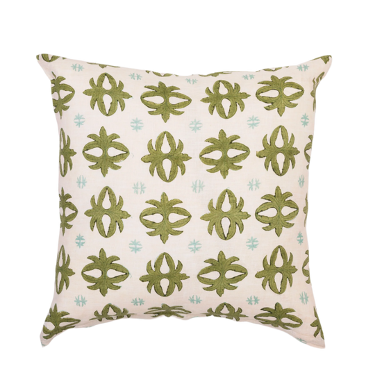 hand-blocked verdant pillow photographed against a white background