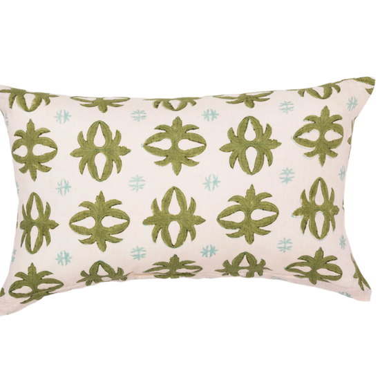 hand-printed prytania verdant pillow photographed against a white background