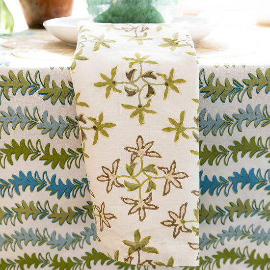 Maison Venu Leyla
hand block-printed Tablecloth in Verde colorway, linen cotton blend