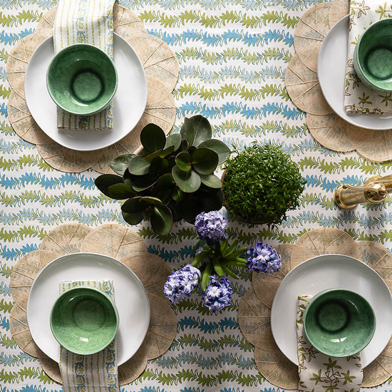 Maison Venu Leyla
hand block-printed Tablecloth in Verde colorway, linen cotton blend