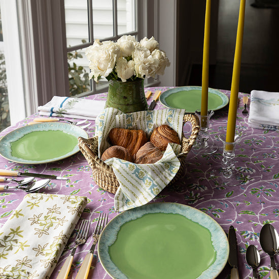 Maison Venu Marguerite
hand block-printed Tablecloth in Lavender colorway, linen cotton blend