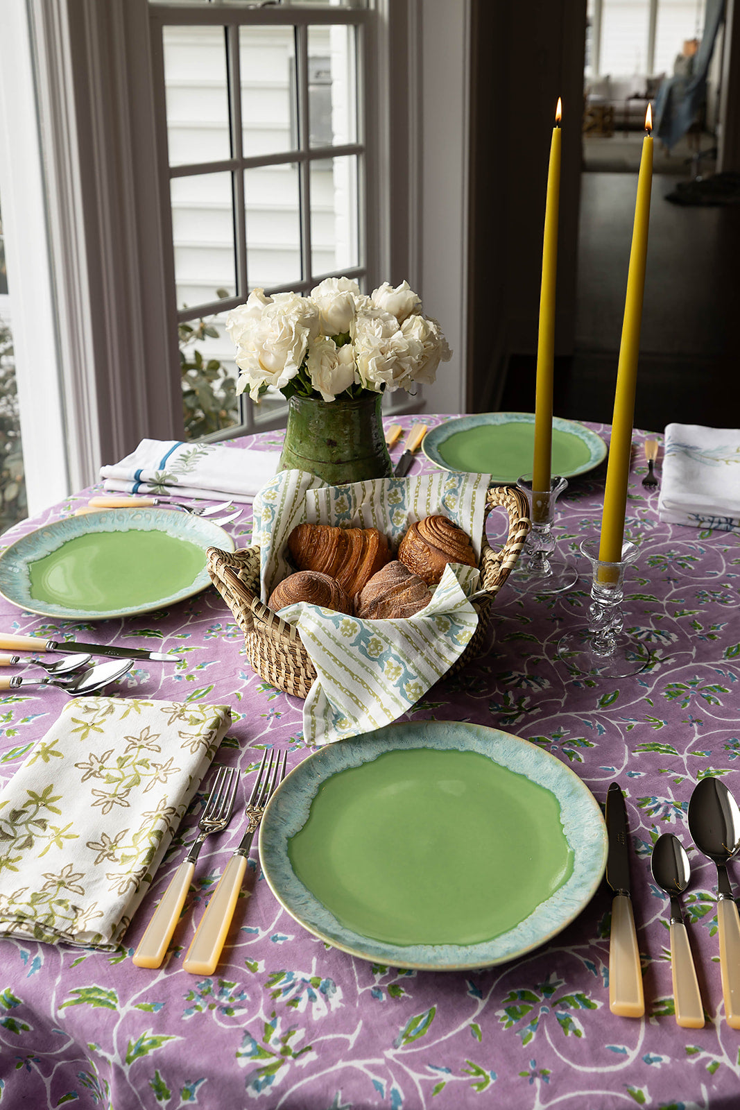 Maison Venu Marguerite
hand block-printed Tablecloth in Lavender colorway, linen cotton blend