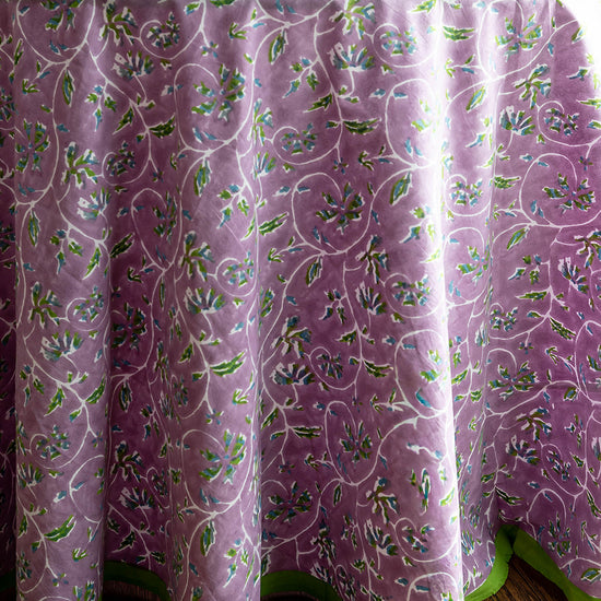 Maison Venu Marguerite
hand block-printed Tablecloth in Lavender colorway, linen cotton blend