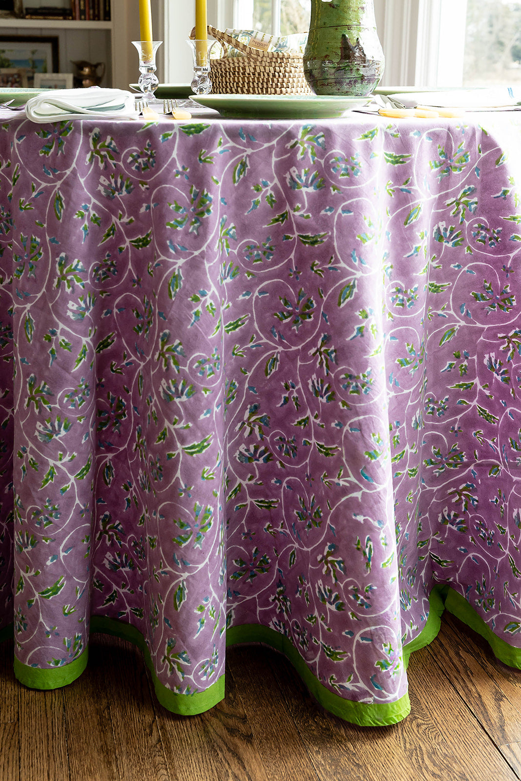 Maison Venu Marguerite
hand block-printed Tablecloth in Lavender colorway, linen cotton blend