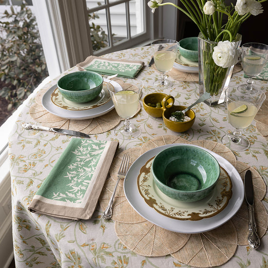 Maison Venu Marguerite
hand block-printed Tablecloth in Celadon colorway, linen 