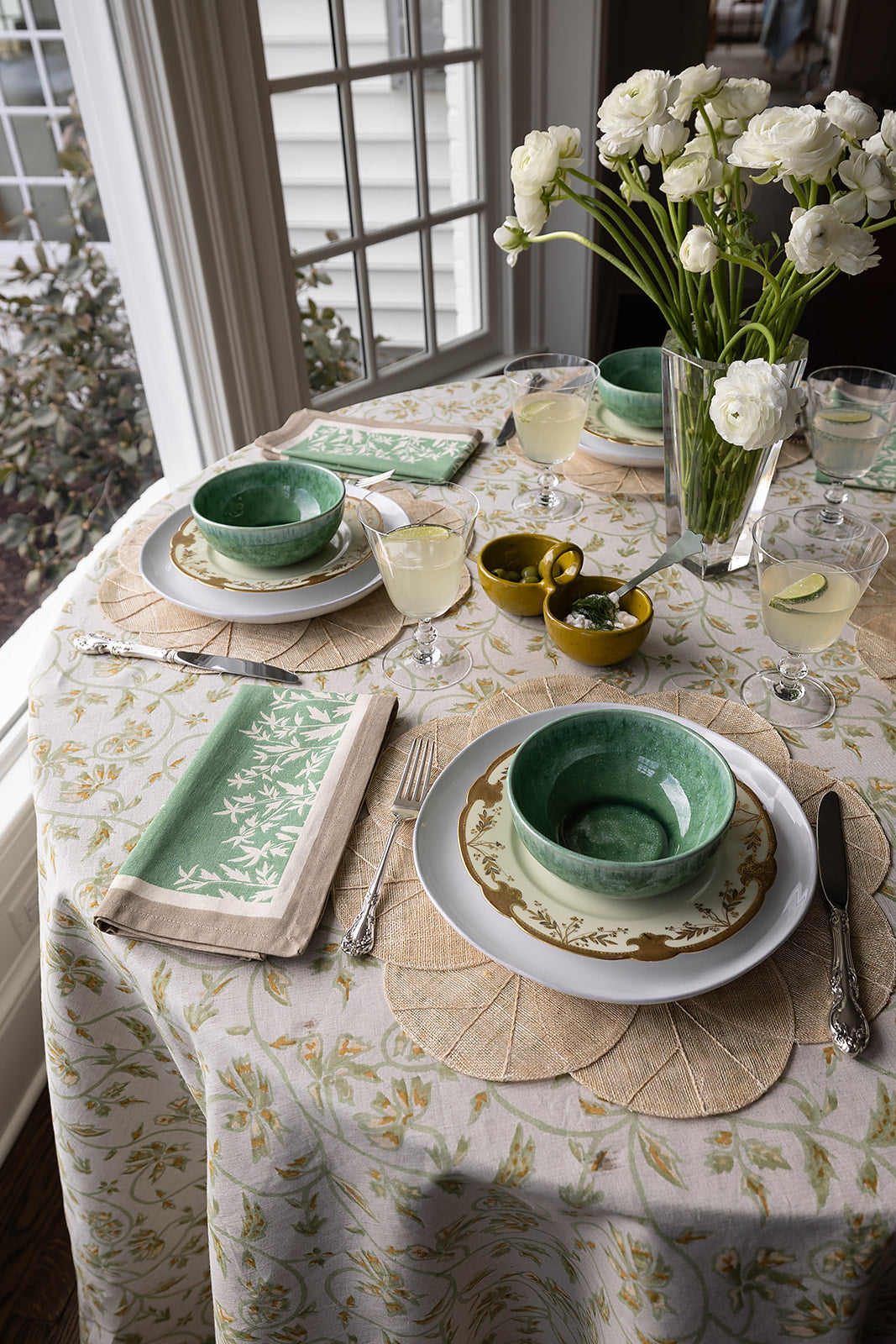 Maison Venu Marguerite
hand block-printed Tablecloth in Celadon colorway, linen 