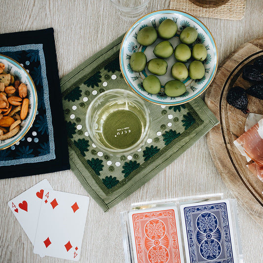 Maison Venu Starburst hand block-printed Cocktail Napkin in Evergreen colorway, linen cotton blend