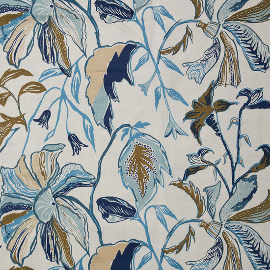 Maison Venu Bahti Hand Block Printed Natural Fabric in Lapis Linen Cotton blend