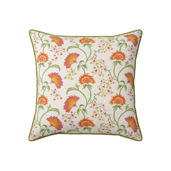 Maison Venu Beatrice Hand Block Printed Garden Decorative Pillow in `unch Linen Cotton blend