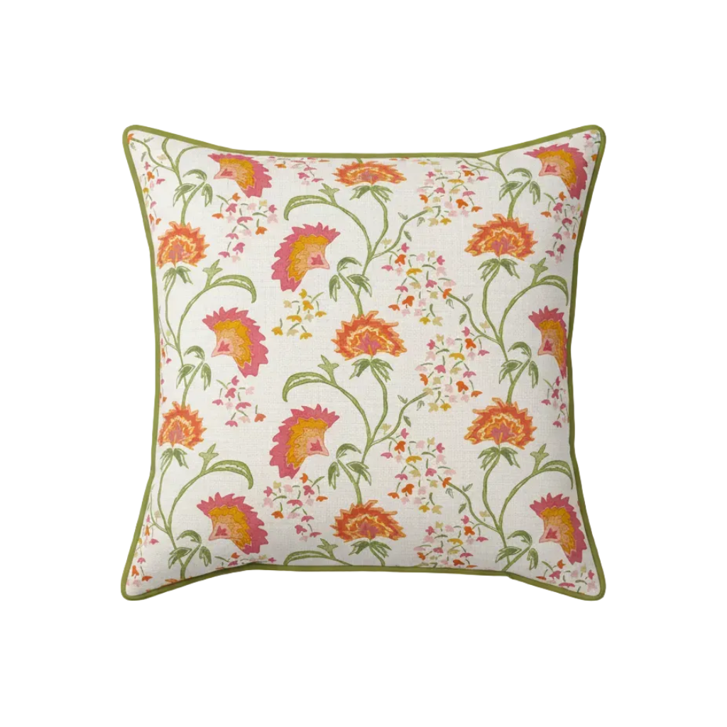 Maison Venu Beatrice Hand Block Printed Garden Decorative Pillow in `unch Linen Cotton blend
