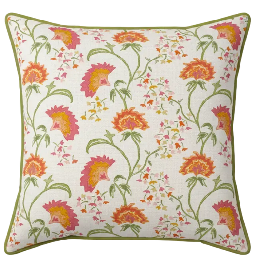 Maison Venu Beatrice Hand Block Printed Garden Decorative Pillow in `unch Linen Cotton blend