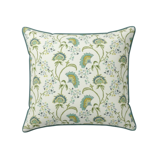 Maison Venu Beatrice Hand Block Printed Garden Decorative Pillow in Cerulean Linen Cotton blend