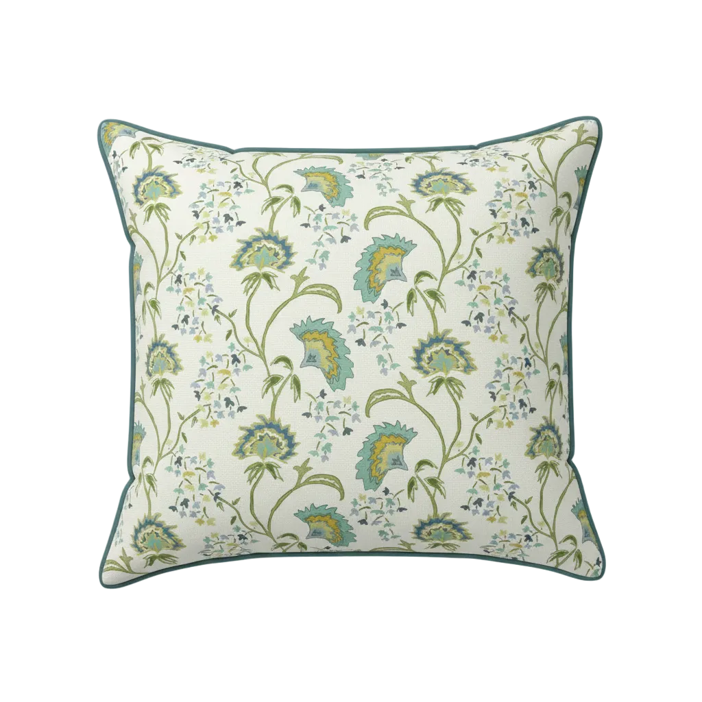 Maison Venu Beatrice Hand Block Printed Garden Decorative Pillow in Cerulean Linen Cotton blend