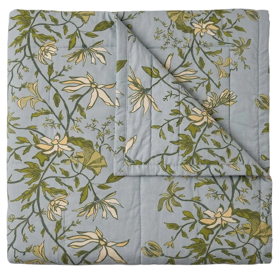 Maison Venu Camille Hand Block Printed  Quilt in botanical Linen Cotton blend 