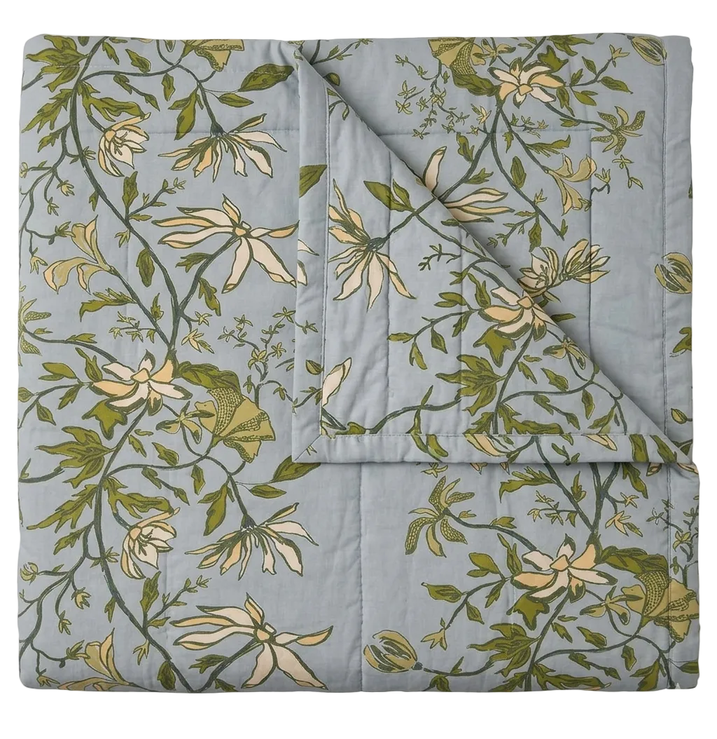 Maison Venu Camille Hand Block Printed  Quilt in botanical Linen Cotton blend 
