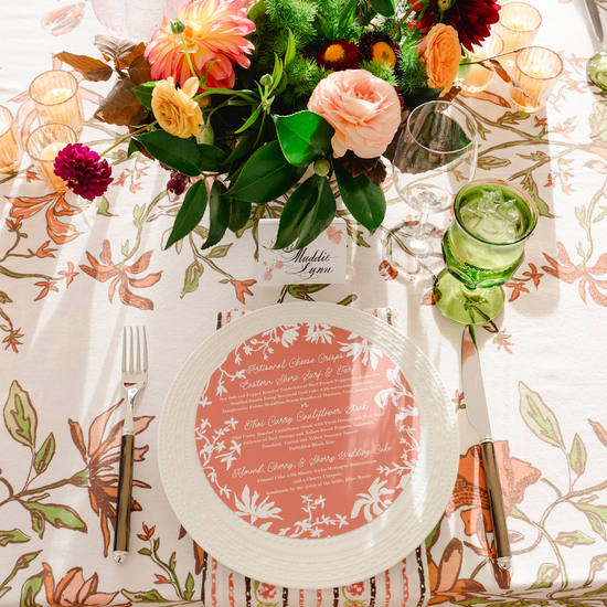 Maison Venu Camille
hand block-printed Tablecloth in Rose Sunbaked colorway, linen cotton blend