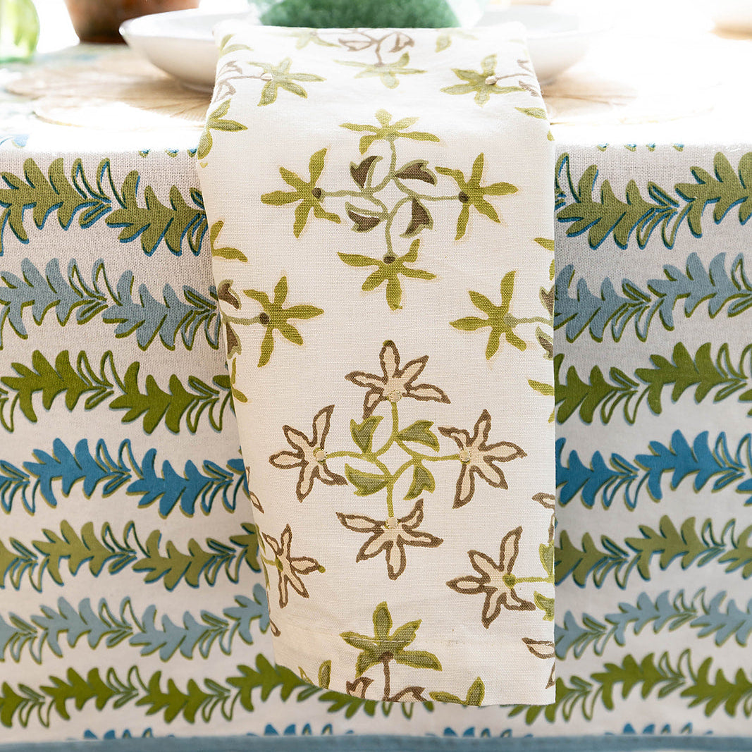 Maison Venu Celeste Hand Block Printed Napkin in Grass Linen Cotton blend