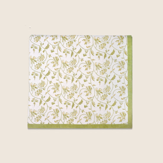 Maison Venu Marguerite
hand block-printed Tablecloth in Celadon colorway, linen  
