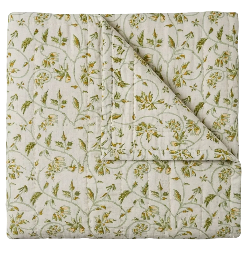 Maison Venu Marguerite Hand Block Printed  Quilt in Lavender Linen Cotton blend 