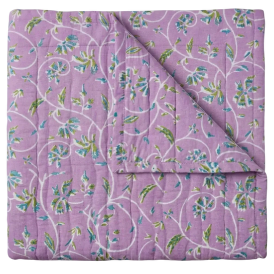 Maison Venu Marguerite Hand Block Printed  Quilt in Lavender Linen Cotton blend 