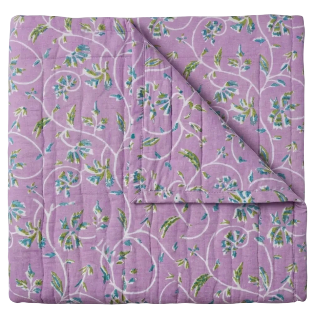 Maison Venu Marguerite Hand Block Printed  Quilt in Lavender Linen Cotton blend 