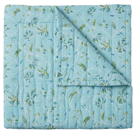 Maison Venu Marguerite Hand Block Printed  Quilt in Spa Linen Cotton blend 