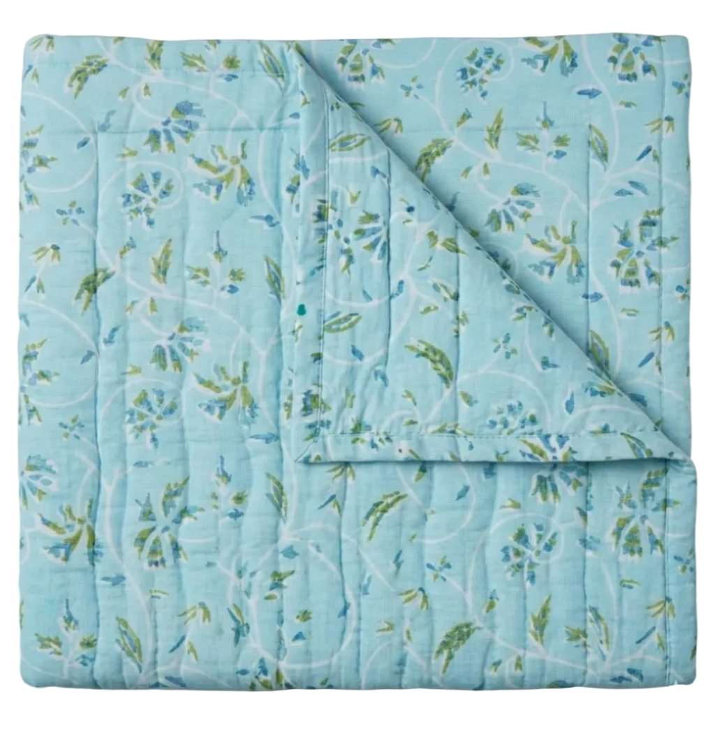 Maison Venu Marguerite Hand Block Printed  Quilt in Spa Linen Cotton blend 