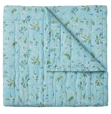 Maison Venu Marguerite Hand Block Printed  Quilt in Spa Linen Cotton blend 