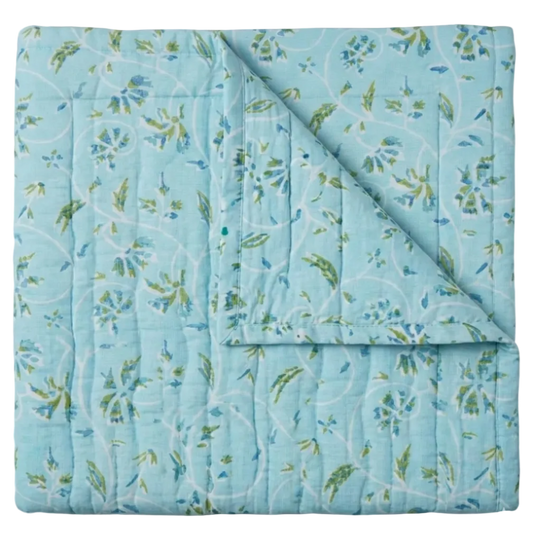 Maison Venu Marguerite Hand Block Printed  Quilt in Spa Linen Cotton blend 