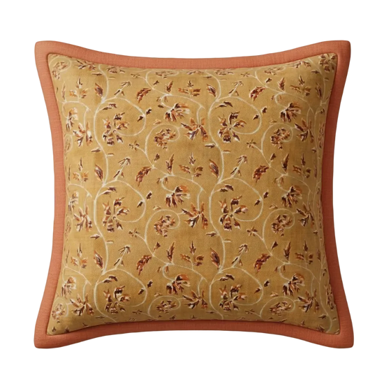 Maison Venu Marguerite Hand Block Printed Garden Decorative Pillow in Spice Linen Cotton blend