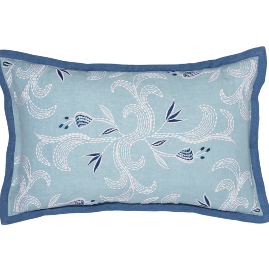 marseille cobalt pillow with contrasting blue trim against a white background
