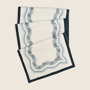 Maison Venu Palmerie
hand block-printed Tablecloth in Ice colorway, linen cotton blend