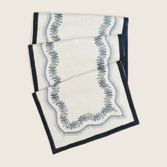 Maison Venu Palmerie
hand block-printed Tablecloth in Ice colorway, linen cotton blend