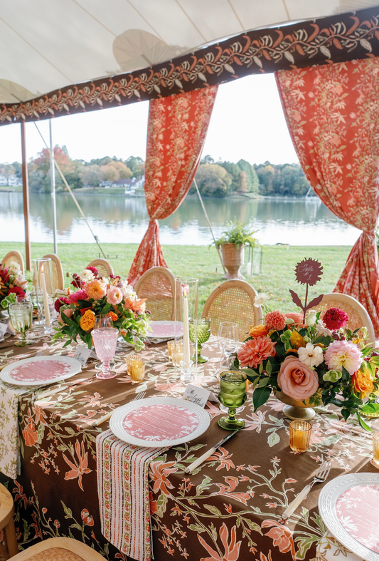 Maison Venu Camille
hand block-printed Tablecloth in Chocolate colorway, linen cotton blend