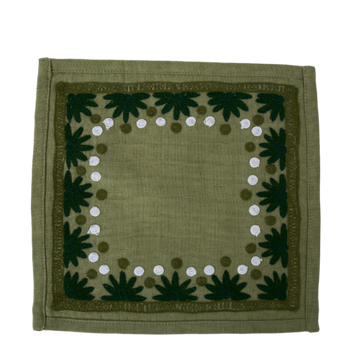 Maison Venu Starburst hand block-printed Cocktail Napkin in Evergreen colorway, linen cotton blend