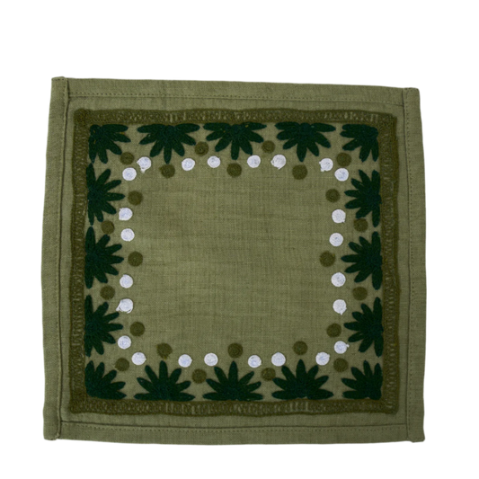 Maison Venu Starburst hand block-printed Cocktail Napkin in Evergreen colorway, linen cotton blend