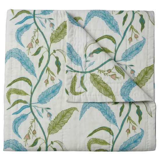 Maison Venu Tuileries Hand Block Printed  Quilt in Foliage Linen Cotton blend 