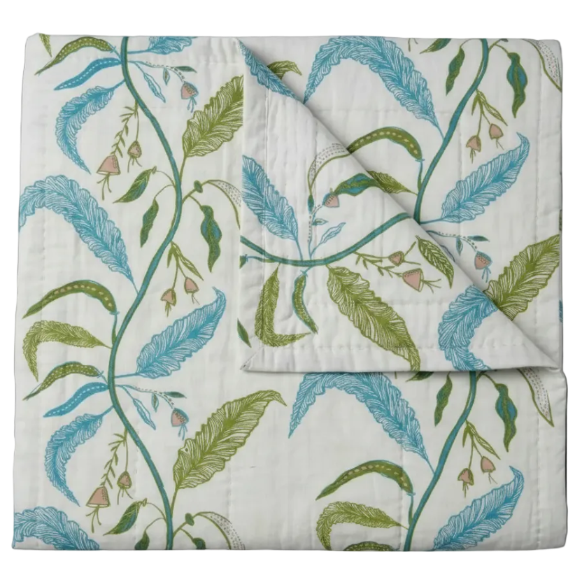 Maison Venu Tuileries Hand Block Printed  Quilt in Foliage Linen Cotton blend 