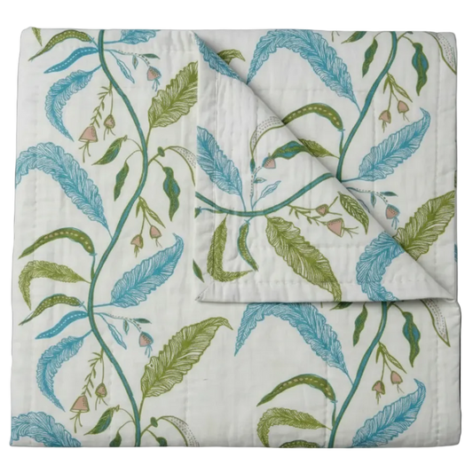 Maison Venu Tuileries Hand Block Printed  Quilt in Foliage Linen Cotton blend 