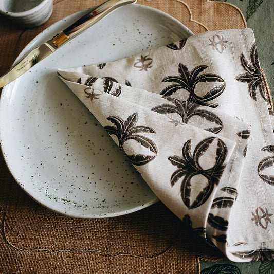 Maison Venu Prytania Hand Block Printed Napkin in Chocolate Linen Cotton blend