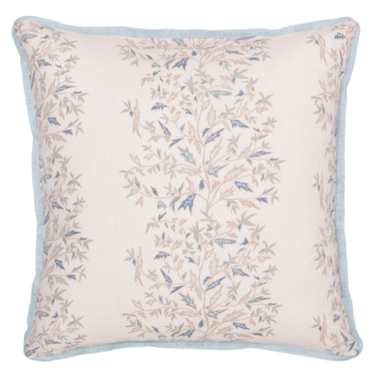 holly vine mer pillow with contrasting light blue trim on a white background