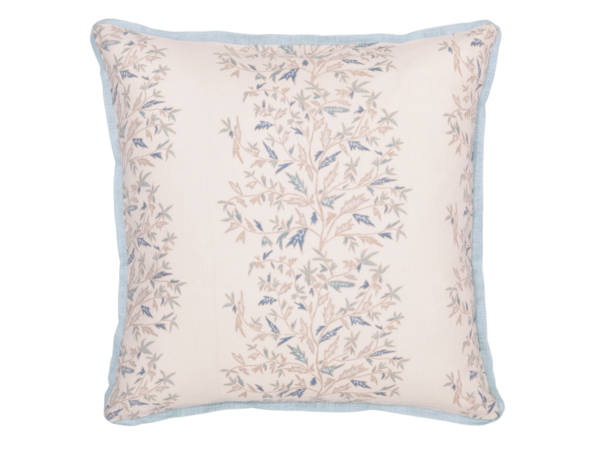 holly vine mer pillow with contrasting light blue trim on a white background